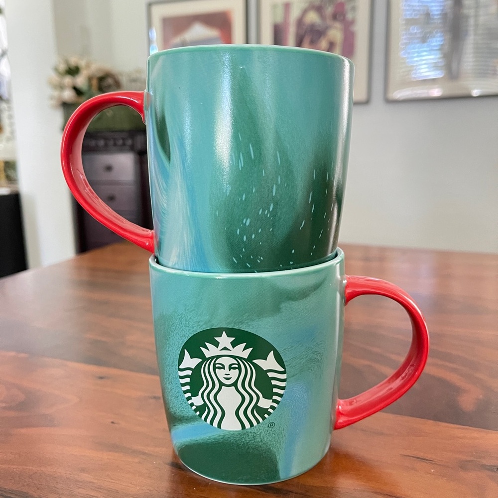 Set of 2 - Starbucks 2024 Christmas Green Marbled Coffee Mug 11 Oz Red Handle